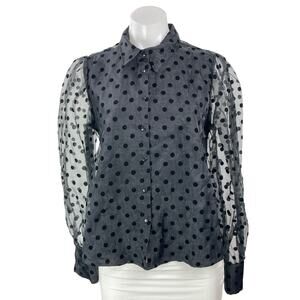 MNG Mango Black Polka Dot Mesh Sheer Long Sleeve Button Down Blouse Top Size S